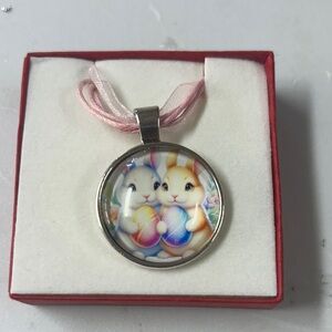 Pastel Easter Bunny 1 inch Pendant Necklace with Pink Cord with gift box